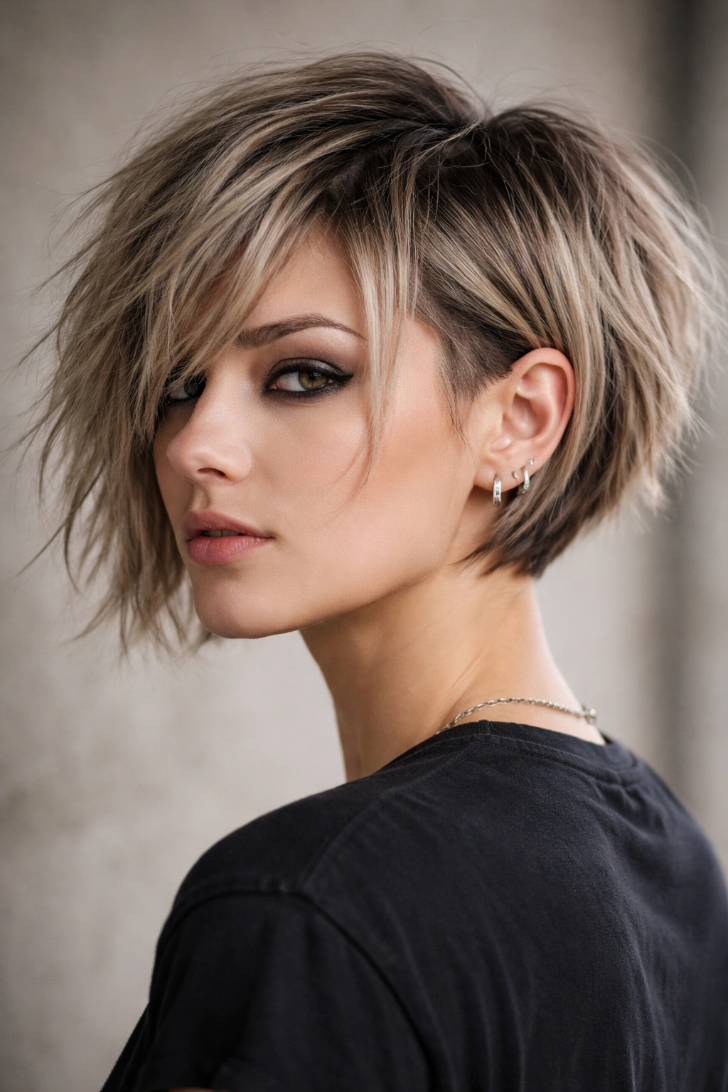 10 Rockstar Inspired Short Cuts For Edgy Women 10 Jawline-length textured bob with an undercut showing choppy layers