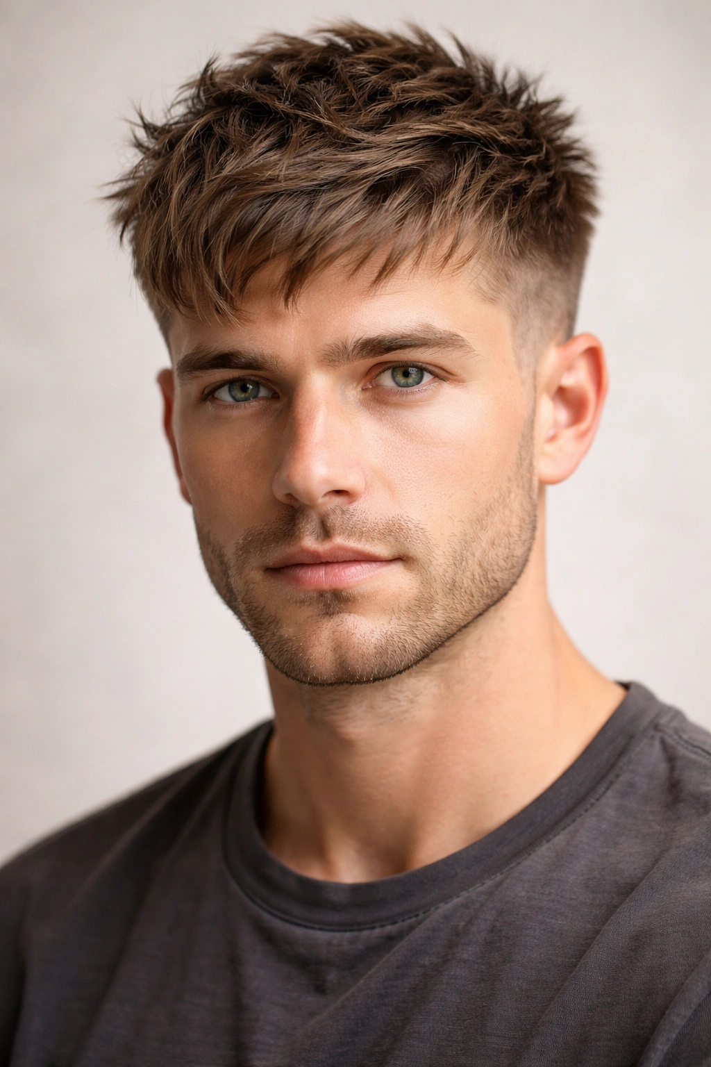 Cropped textured cut with subtle undercut and layered top.
