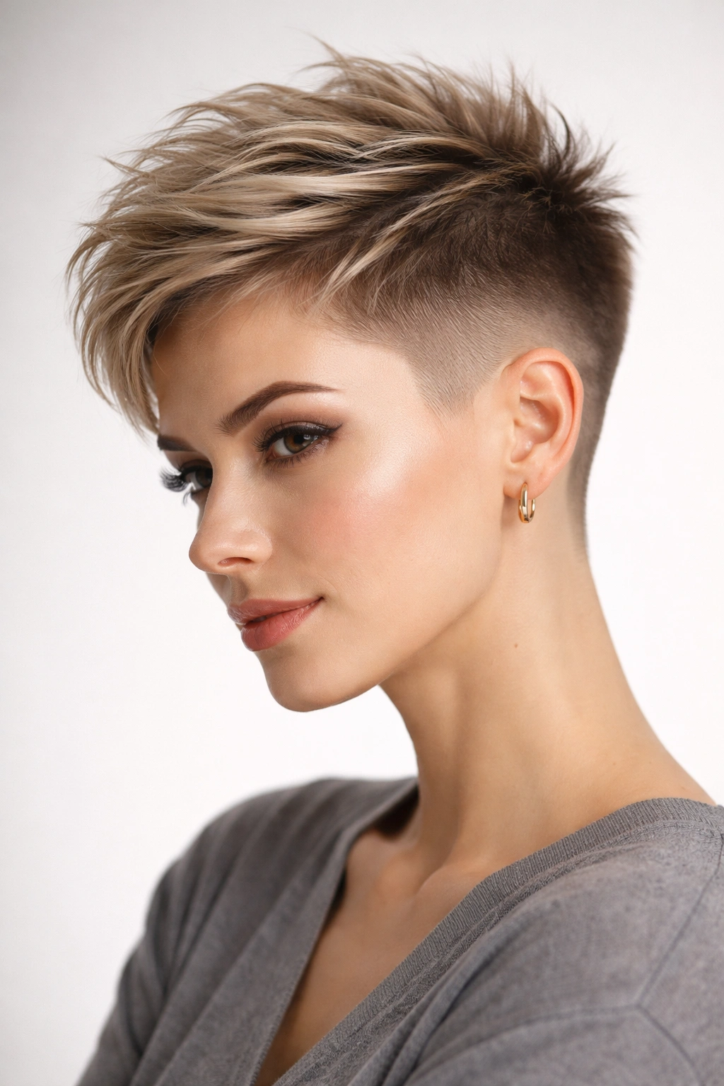 Profile of a model with a cropped undercut and a longer textured top