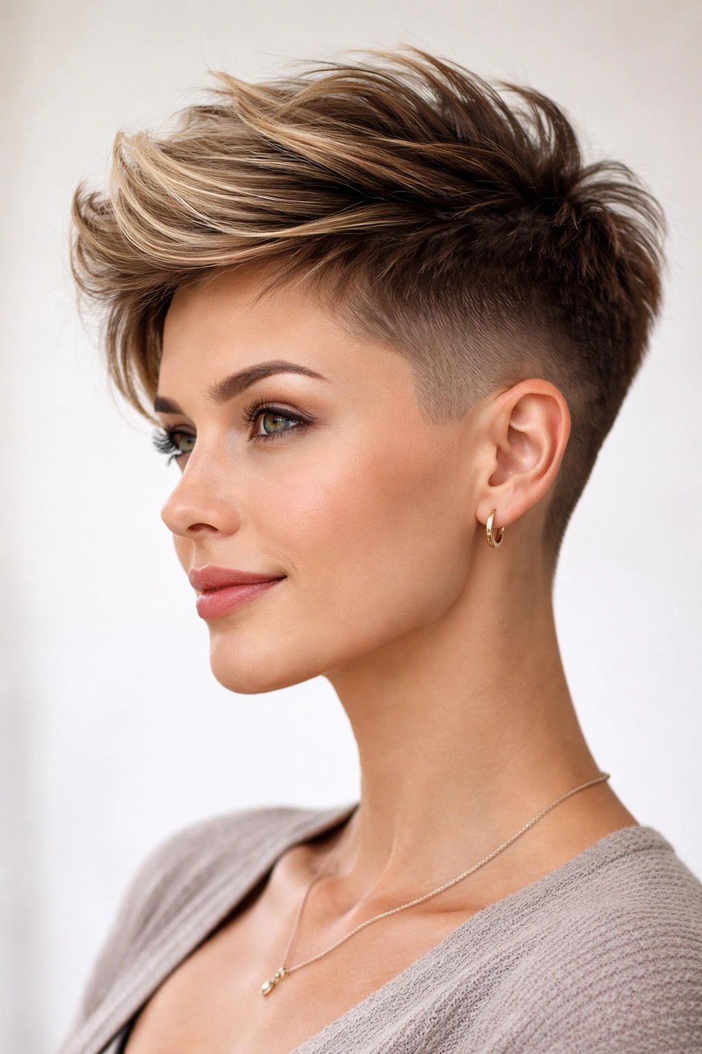 Head-and-shoulders view of a cropped undercut highlighting crown volume
