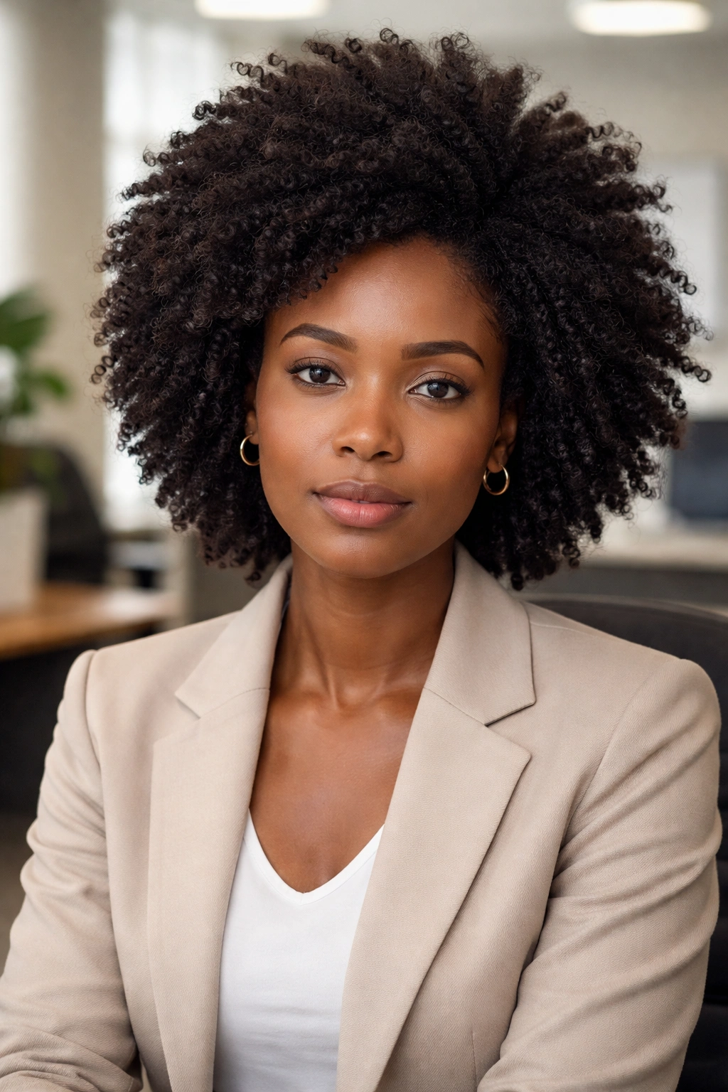 Portrait of Black person with natural hair in a professional setting