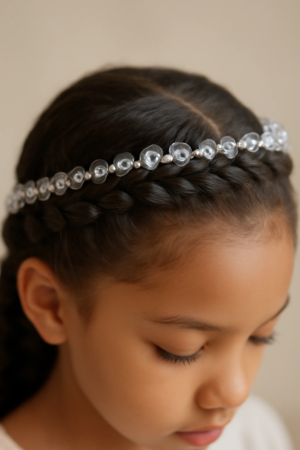 10 Pretty Beaded Braid Styles for Little Girls 8 Close-up of crown braid around the hairline with beads.