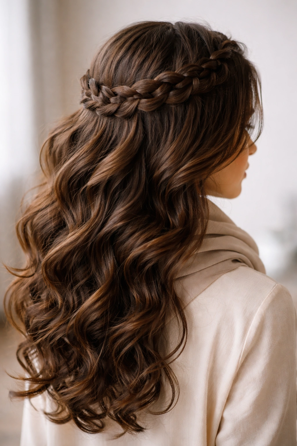 Loose curls with a crown braid framing the head