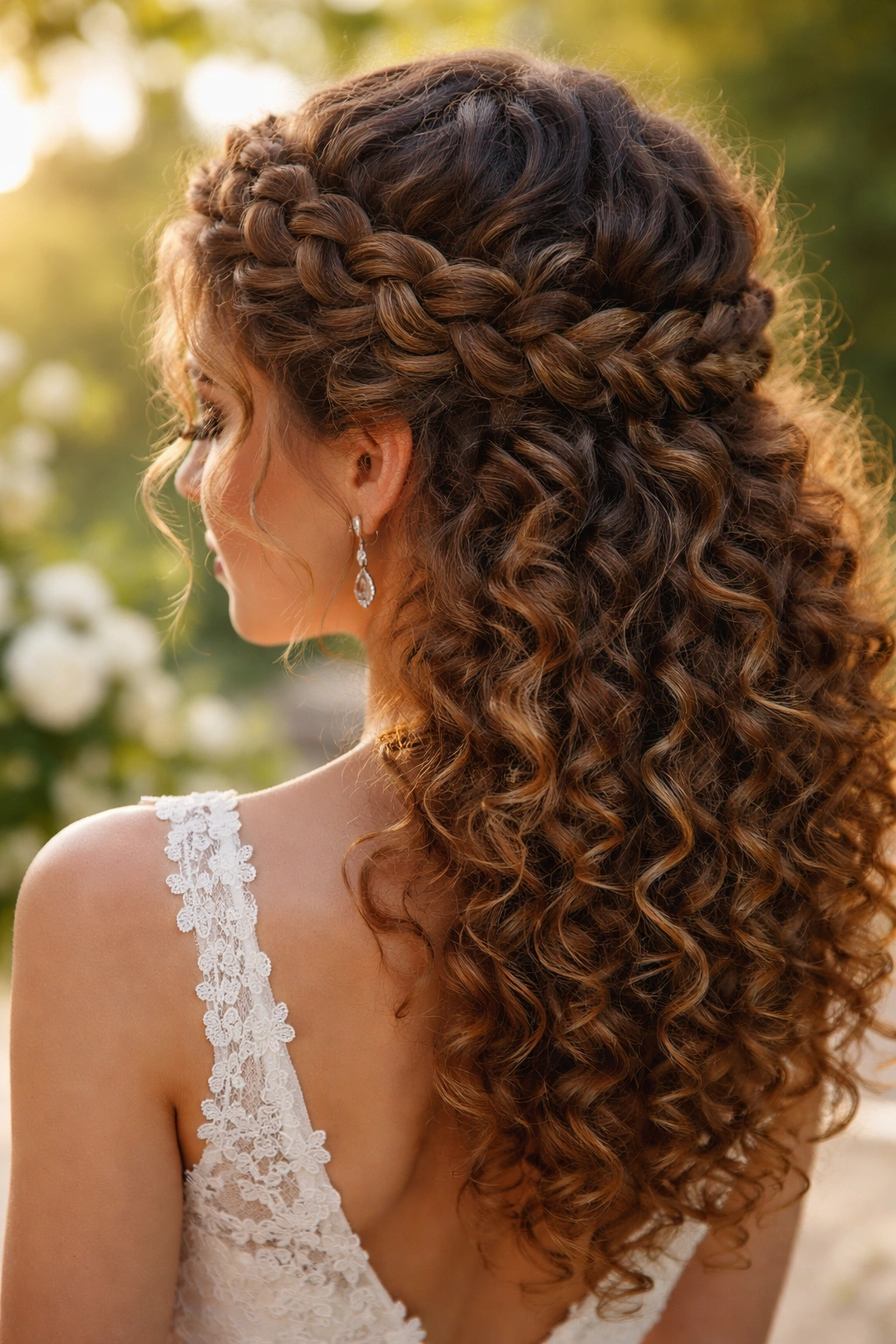 Crown braid encircling the head with curly hair and curls peeking through
