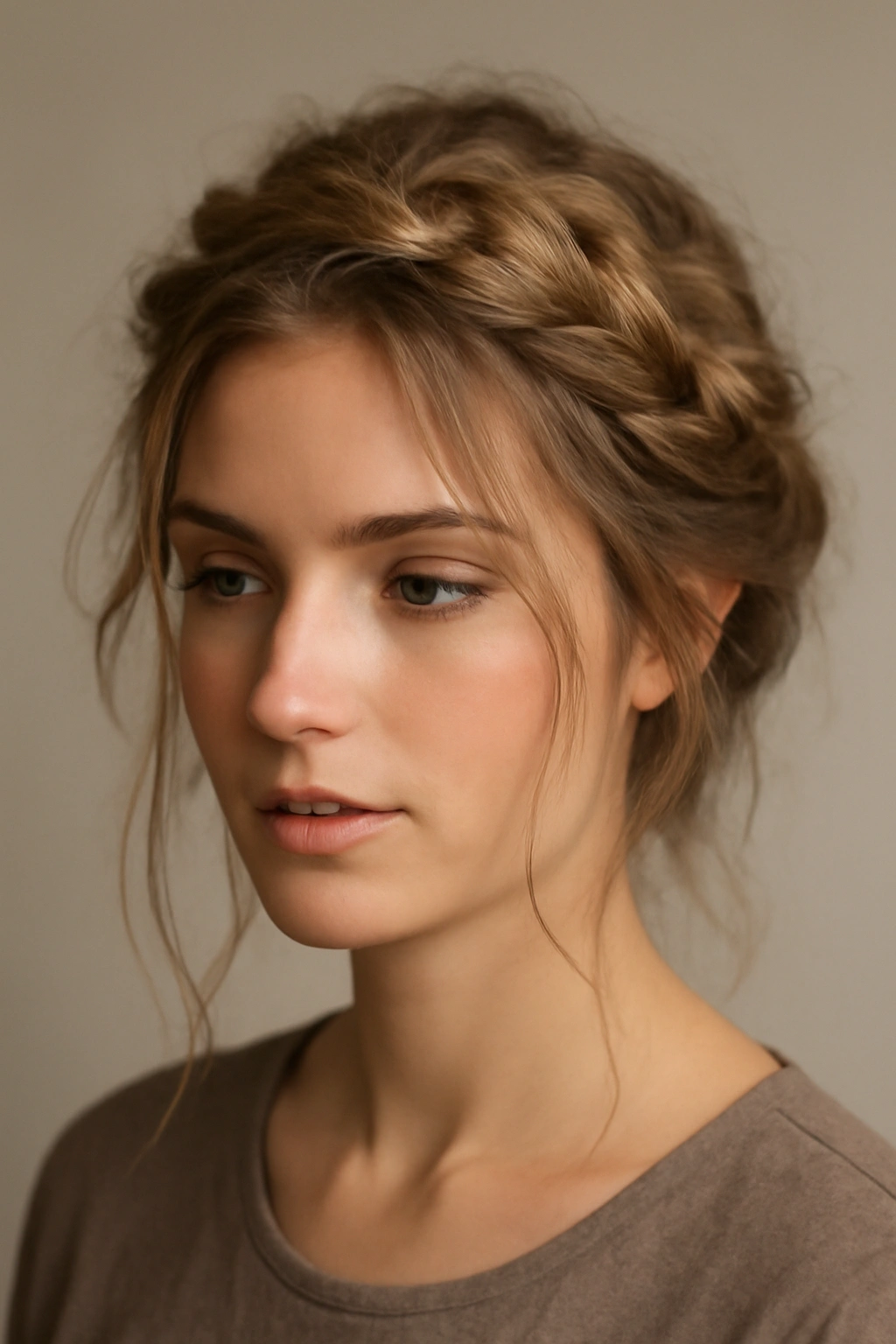 Close-up of a messy crown braid forming a halo around the head with wisps