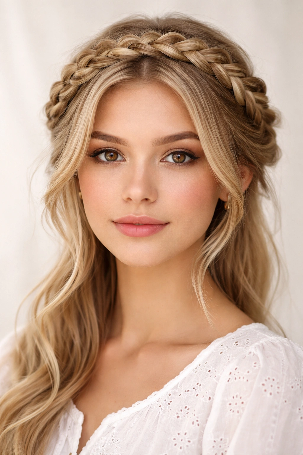 Head-on view of a crown braid around the head with soft wispy pieces