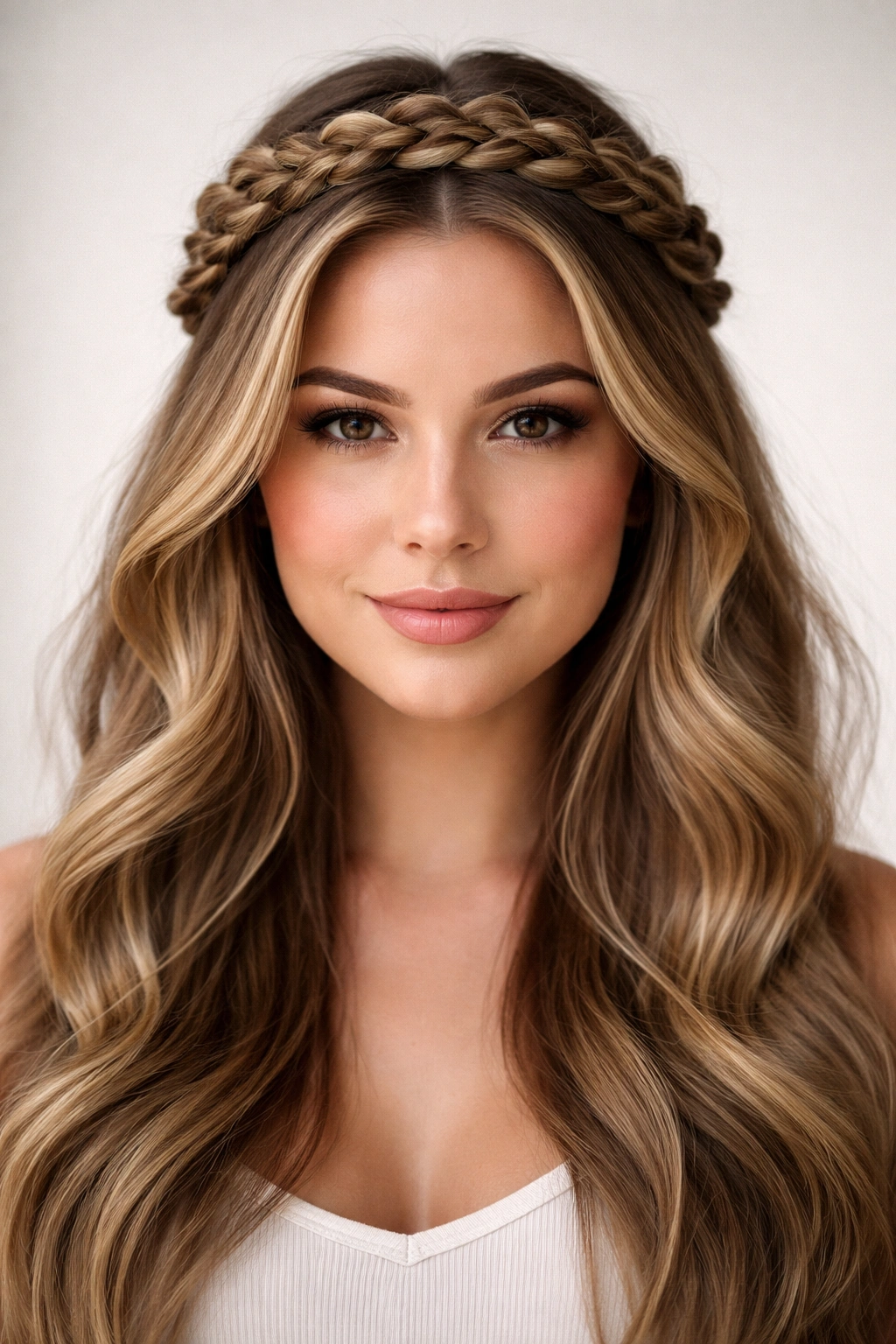 12 Hairstyles That Flatter A Wider Face Shape 8 Crown braids around the crown with hair flowing below