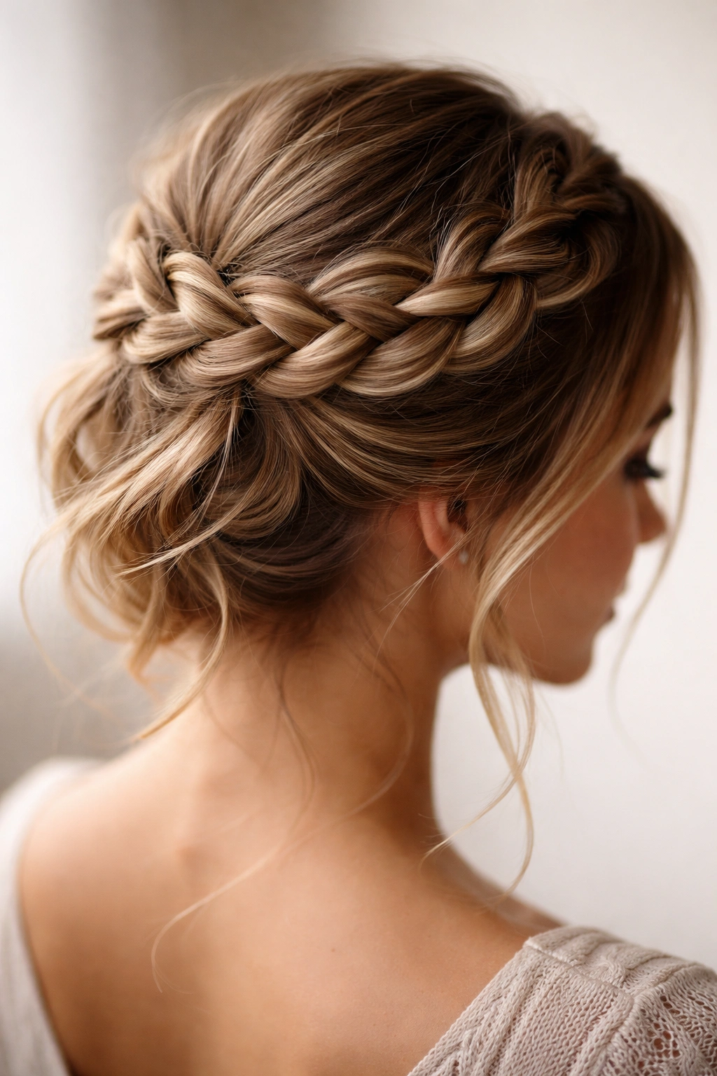 15 Flattering Hairstyles For Long Oval Faces 13 Close-up of a crown braid across the crown with textured hair in a studio setting.
