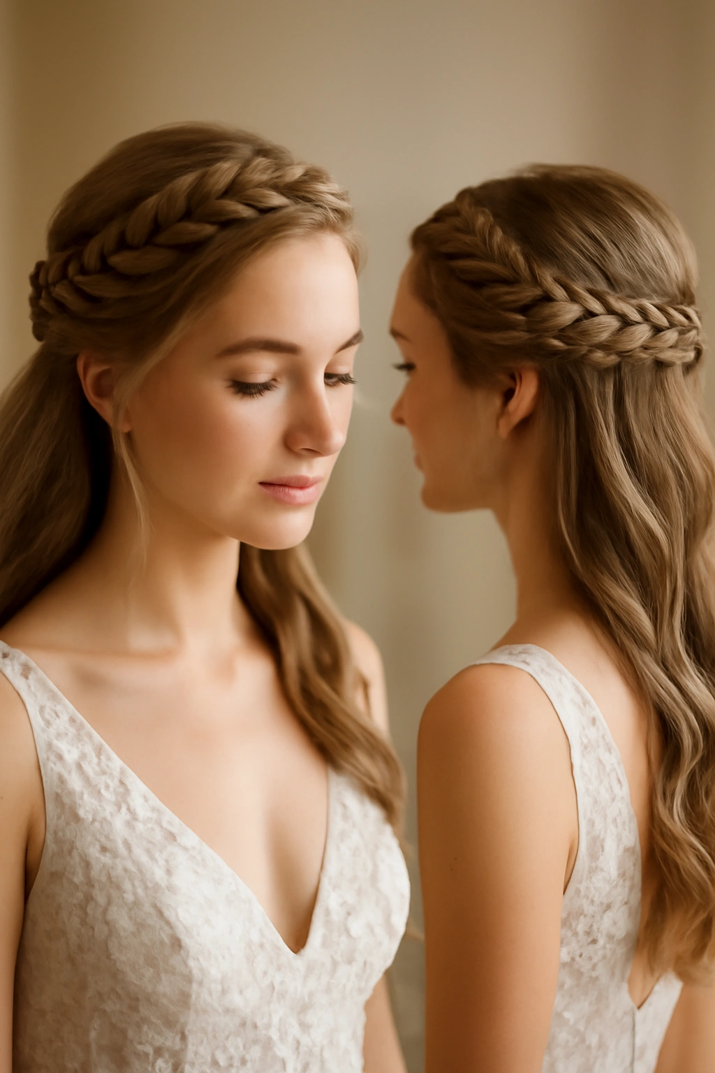 8 Half-Up Braided Styles That Were Made for Weddings 5 Bride wearing a crown braid along the crown with loose hair below.