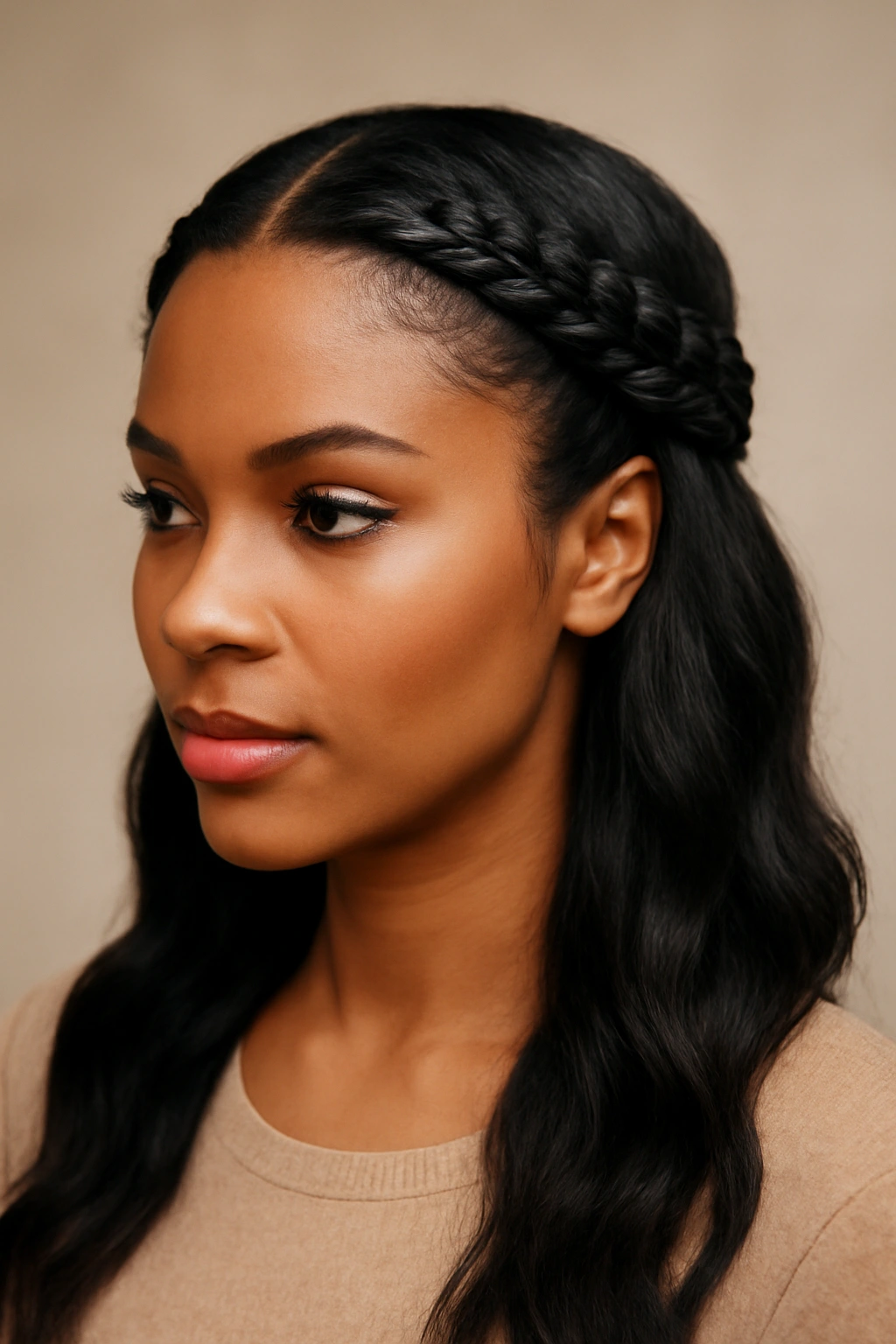10 Stunning Wedding Guest Hairstyles for Black Women 3 Half-Up Crown Braid hairstyle framing the face with a crown braid