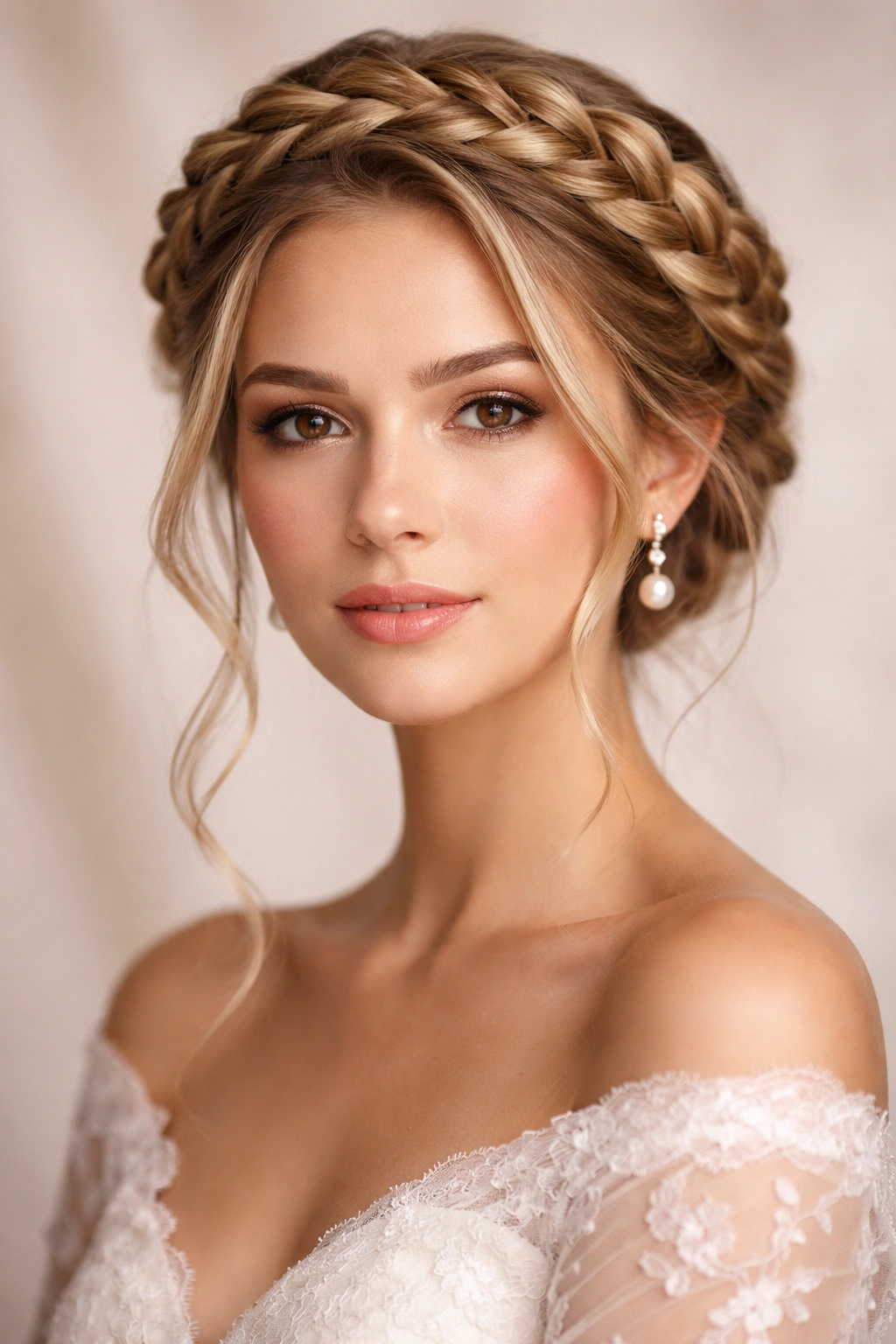 Close-up of a crown halo braid encircling a model's head
