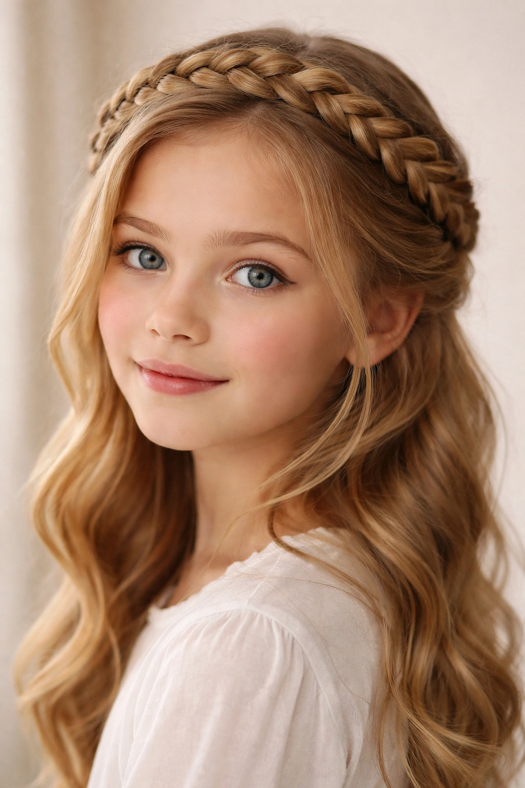 Halo crown braid encircling a head, soft lighting