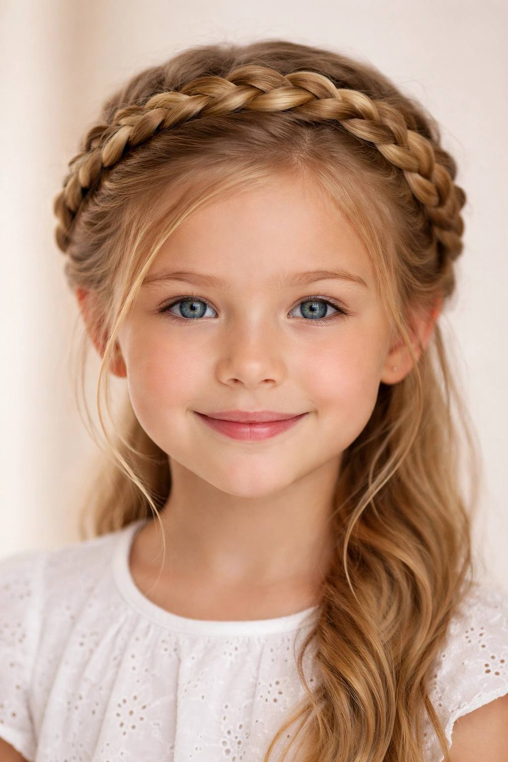 Close-up of a child’s head wearing a crown halo braid around the scalp