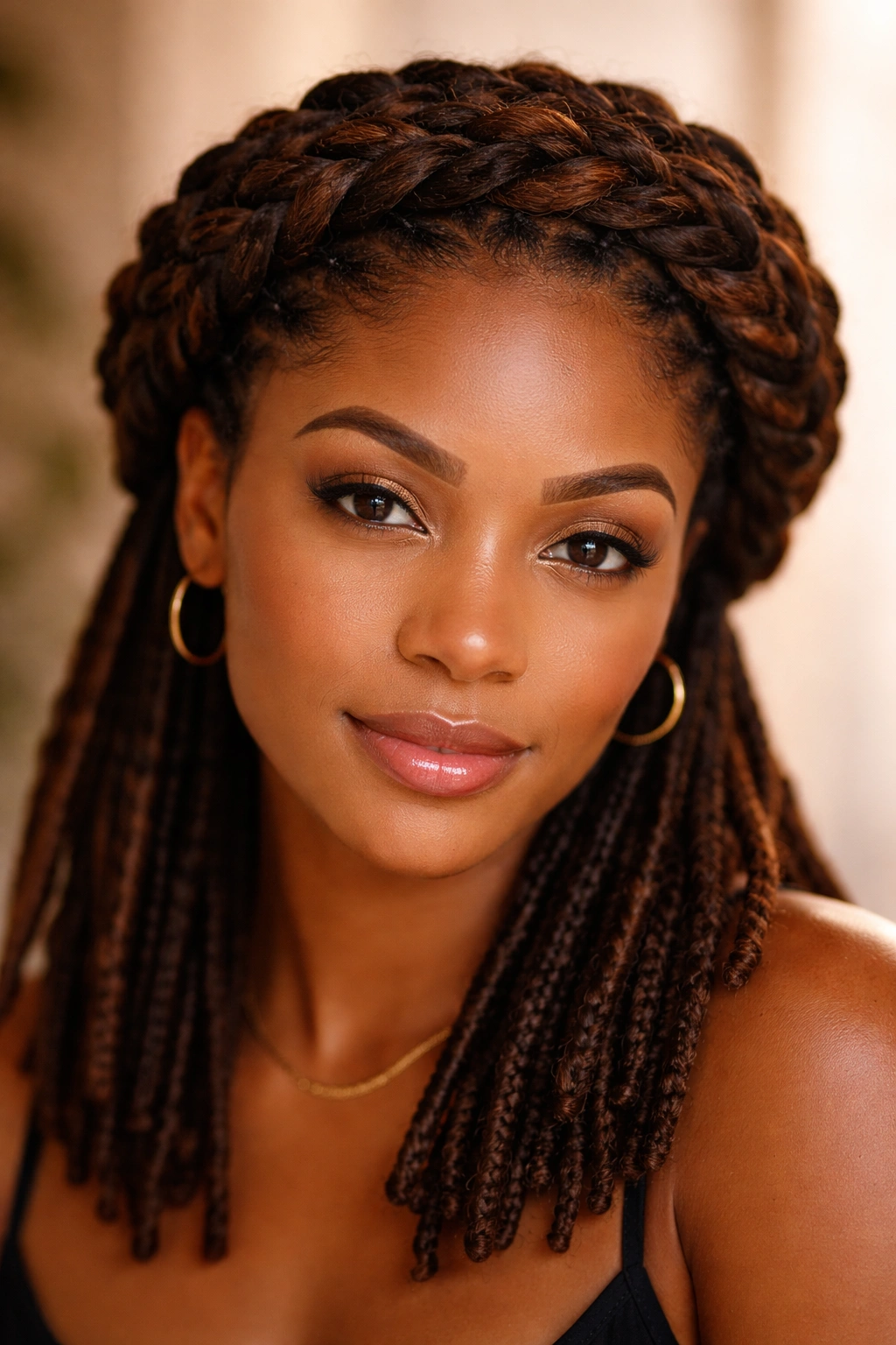 20 Loc Styles For Every Length From Short To Waist 3 Halo braid encircling head with locs forming a crown