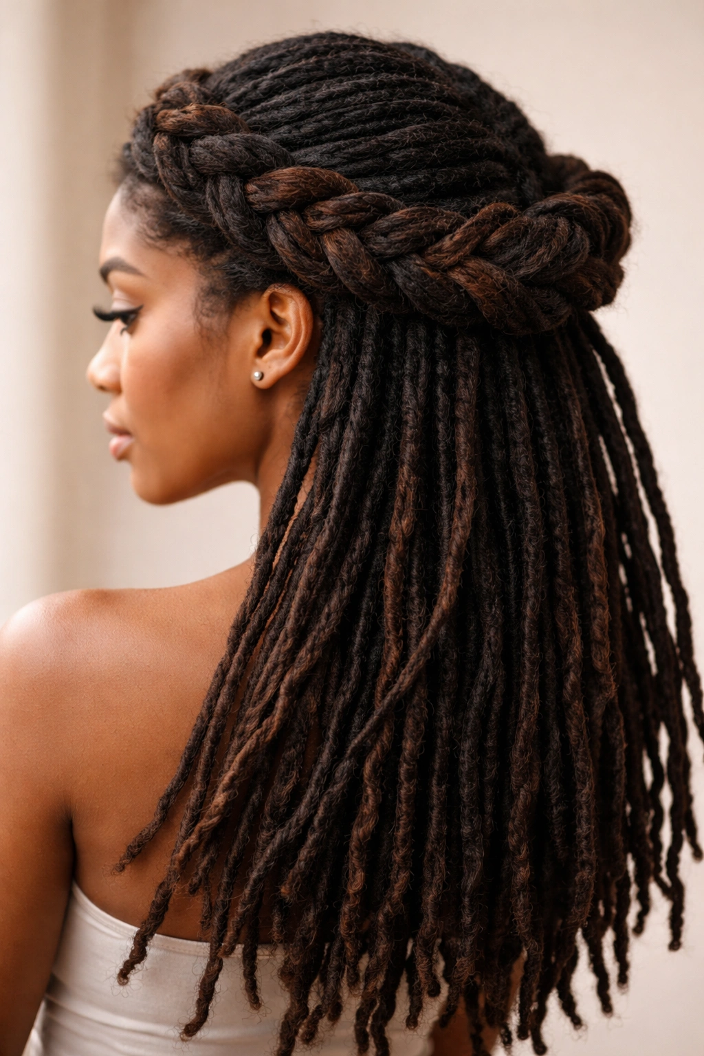 15 Dreadlock Styles For Women At Every Length 13 Close-up of a thick crown braid encircling the head with loose locs at the back