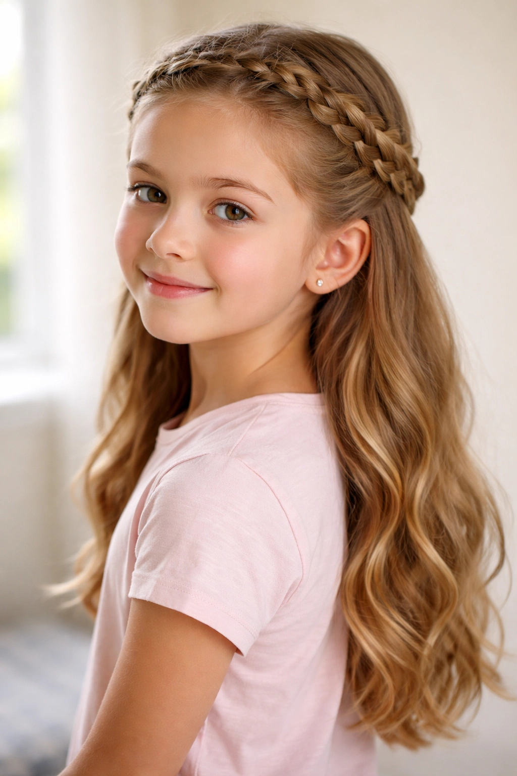 Crown braid around head with loose hair flowing behind