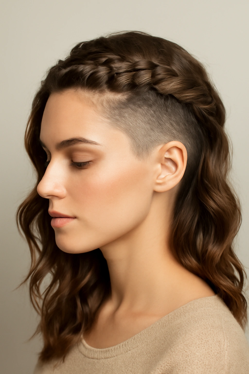 Close-up of a crown braid with loose waves and shaved sides