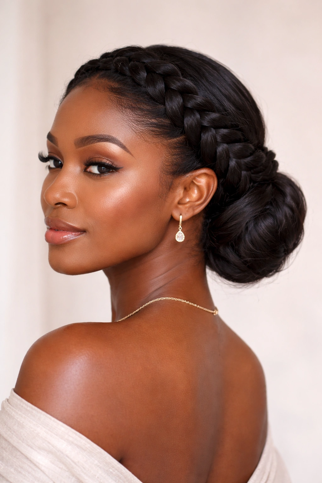 Crown-braided low bun around the crown with bun at the nape on a Black woman.