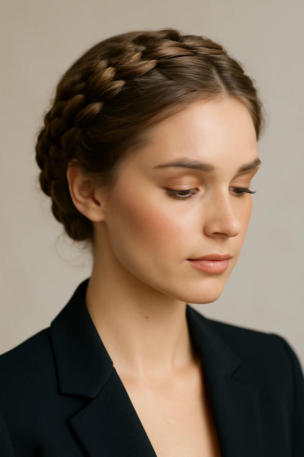 Crown braid wrapped around head in a studio portrait