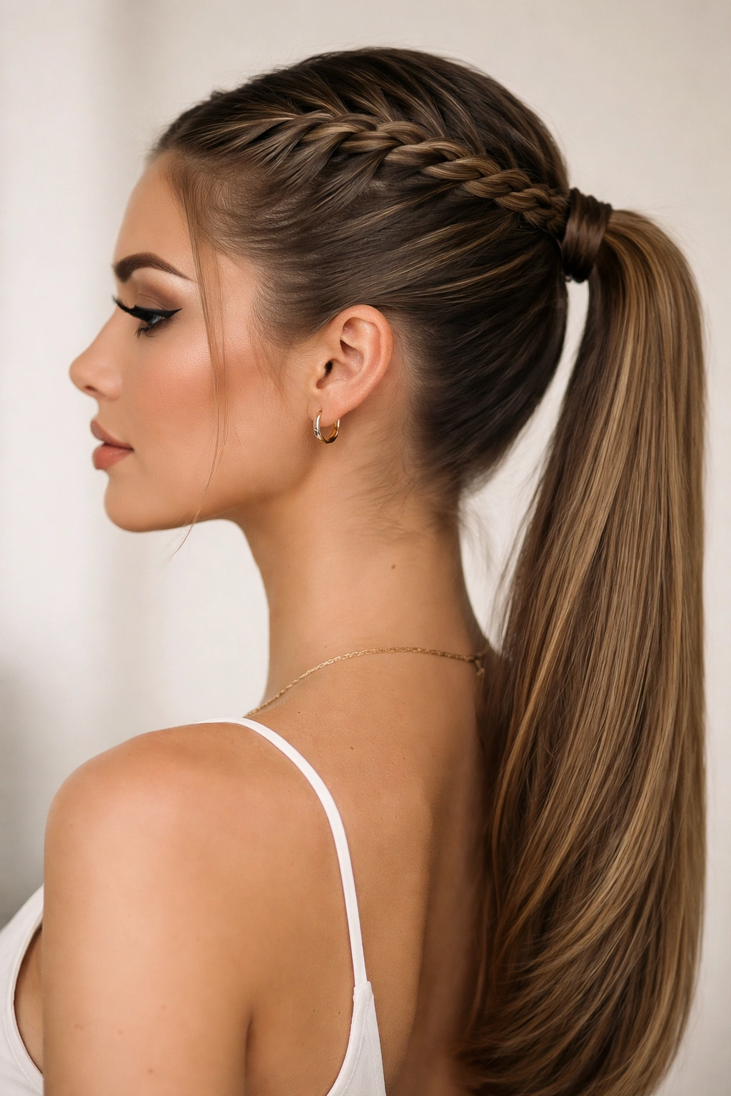 25 Slick Back Ponytail Styles for a Chic, Polished Look 14 Crown braid transitioning into sleek ponytail with smooth finish