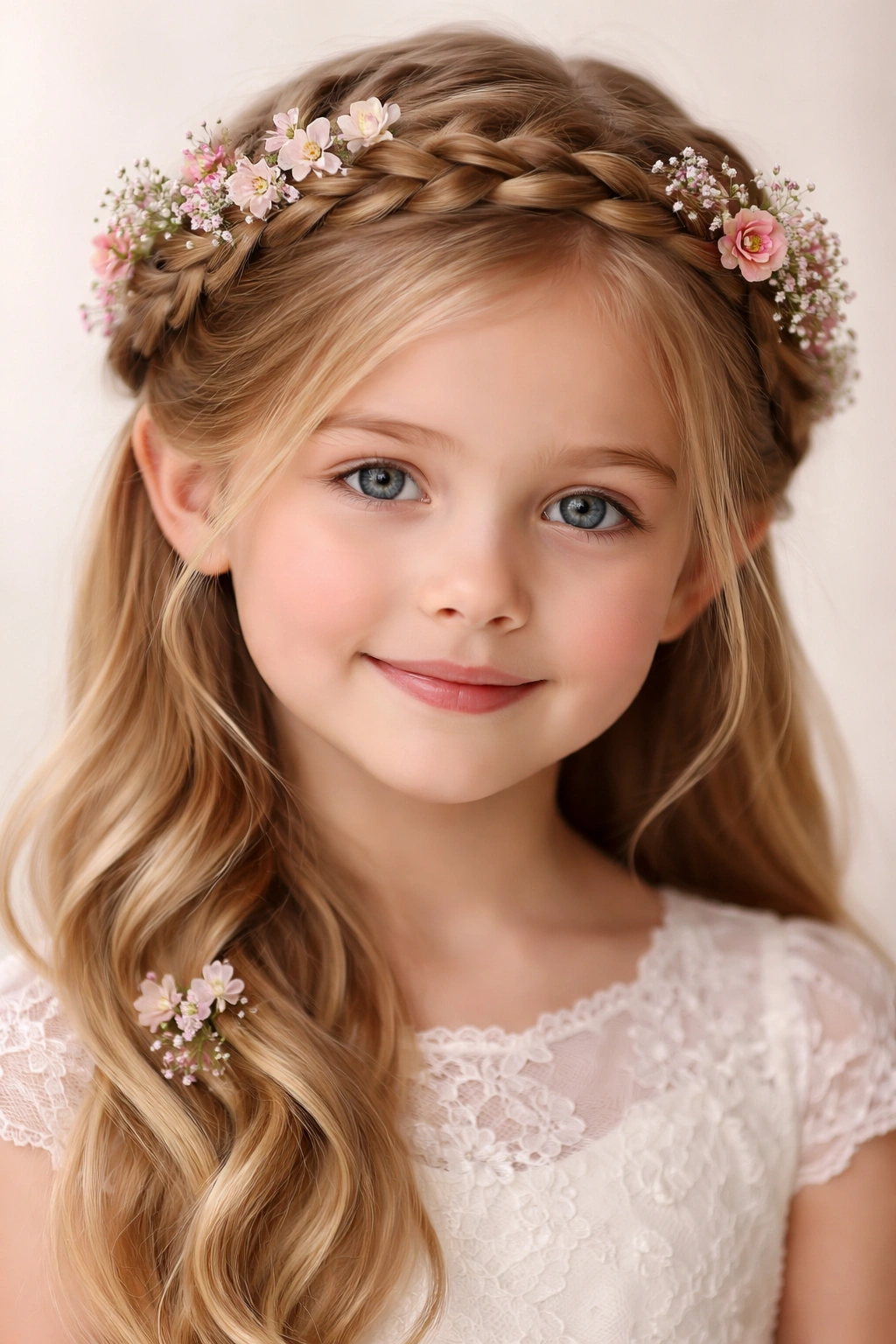 Crown braid around a young girl's head with tiny flowers woven through