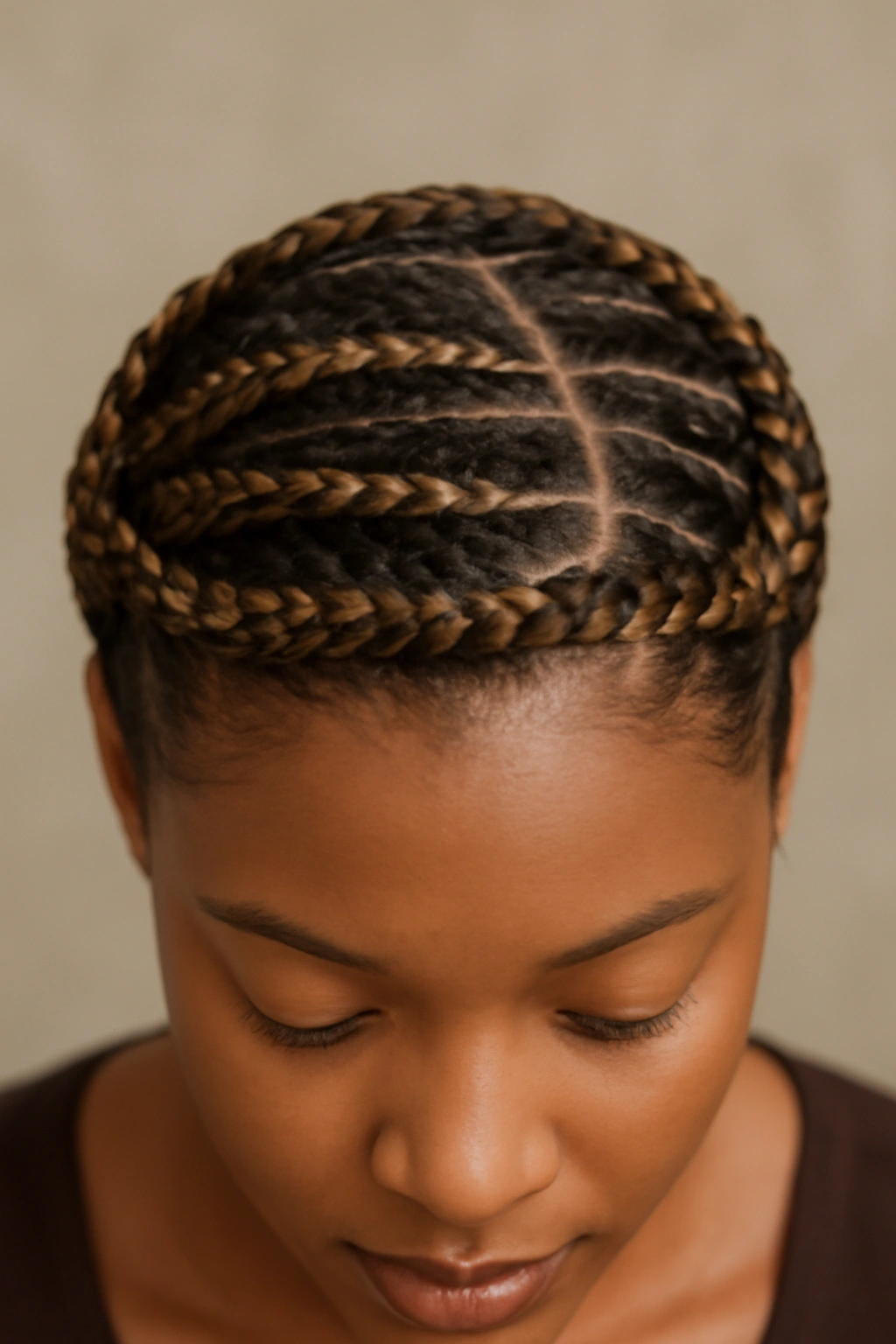 Close-up of a sleek crown braid laid flat around the head with honey highlights