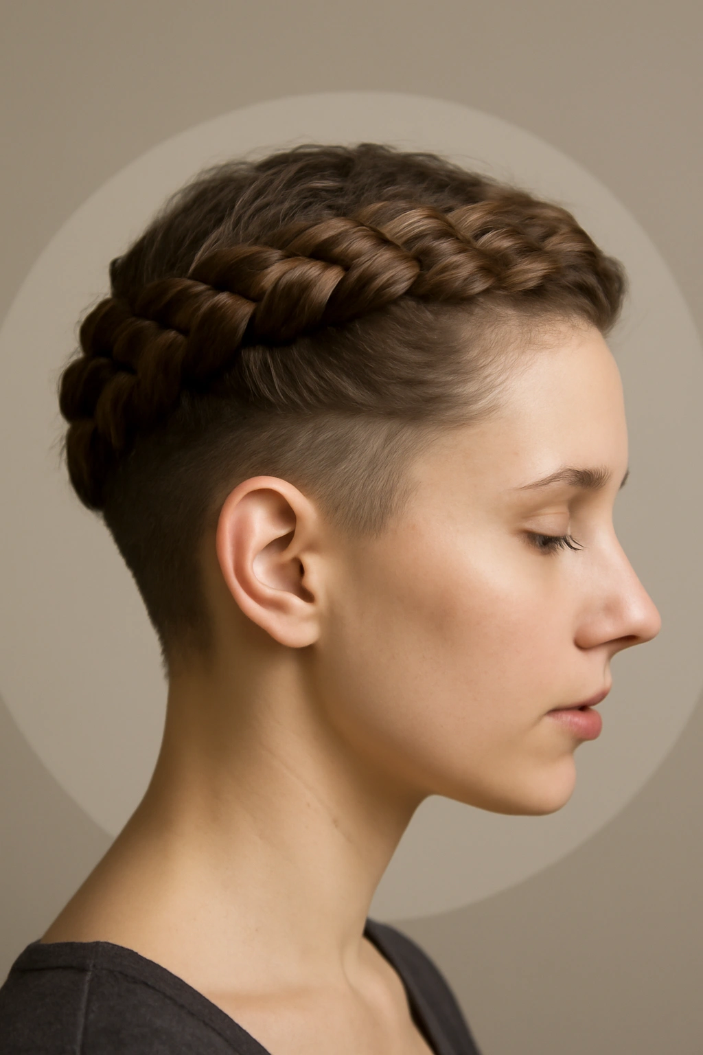 Crown braid wrapping around the head on short hair