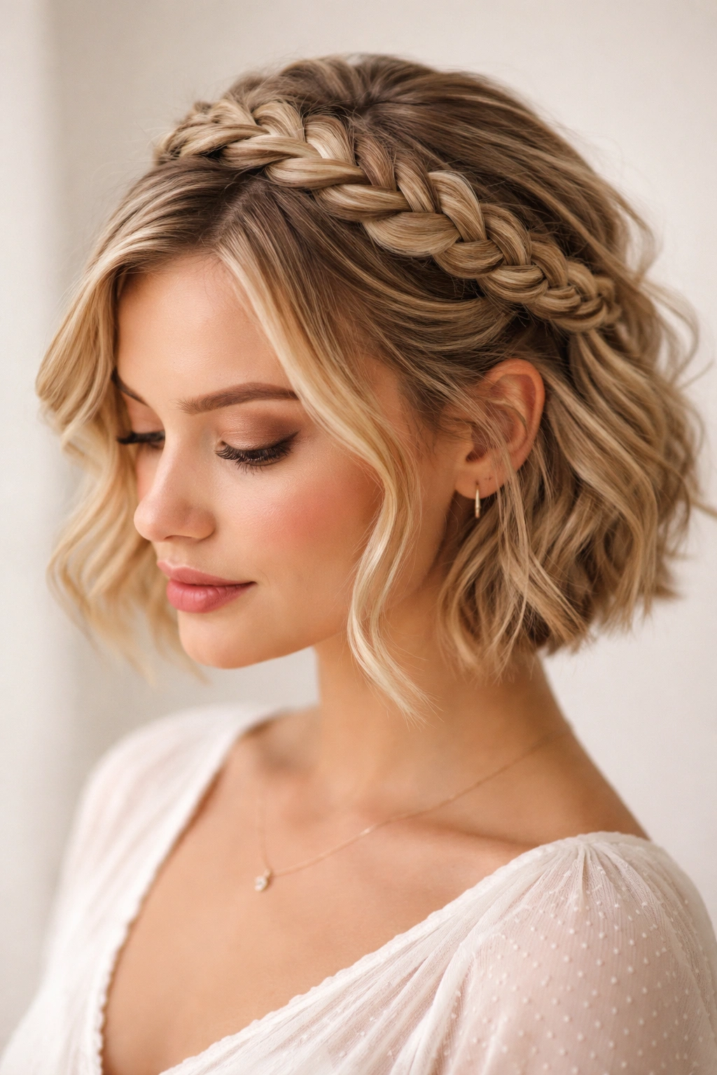 25 Short Braid Styles To Bookmark For Your Stylist 9 Partial crown braid along the top of the head framing the face on short hair.