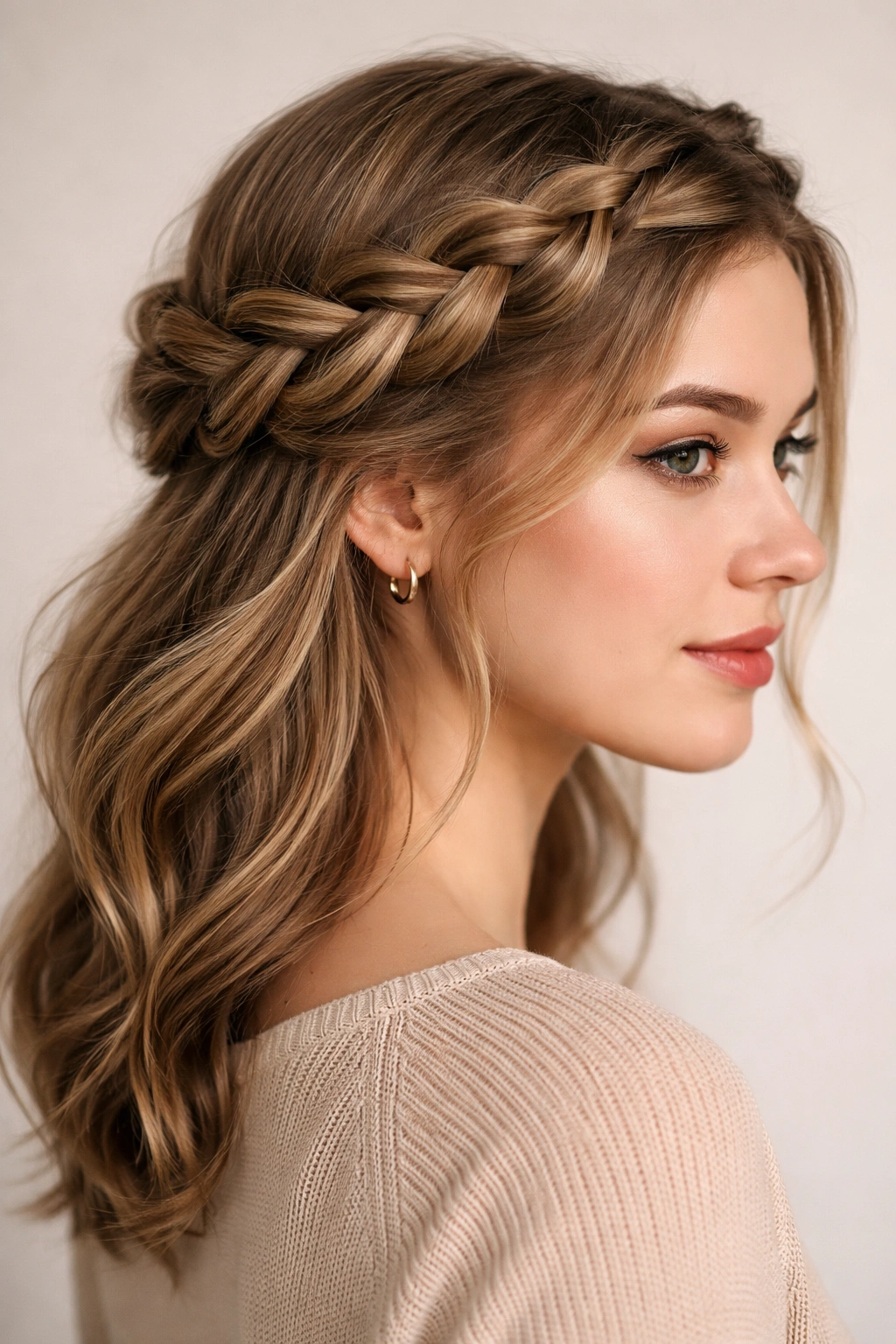 Three-quarter view of a crown braid wrapped around the head with large relaxed braids