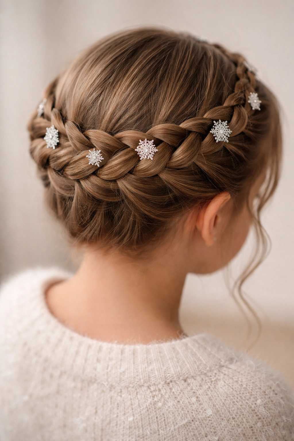 Crown braid encircling the head with snowflake pins