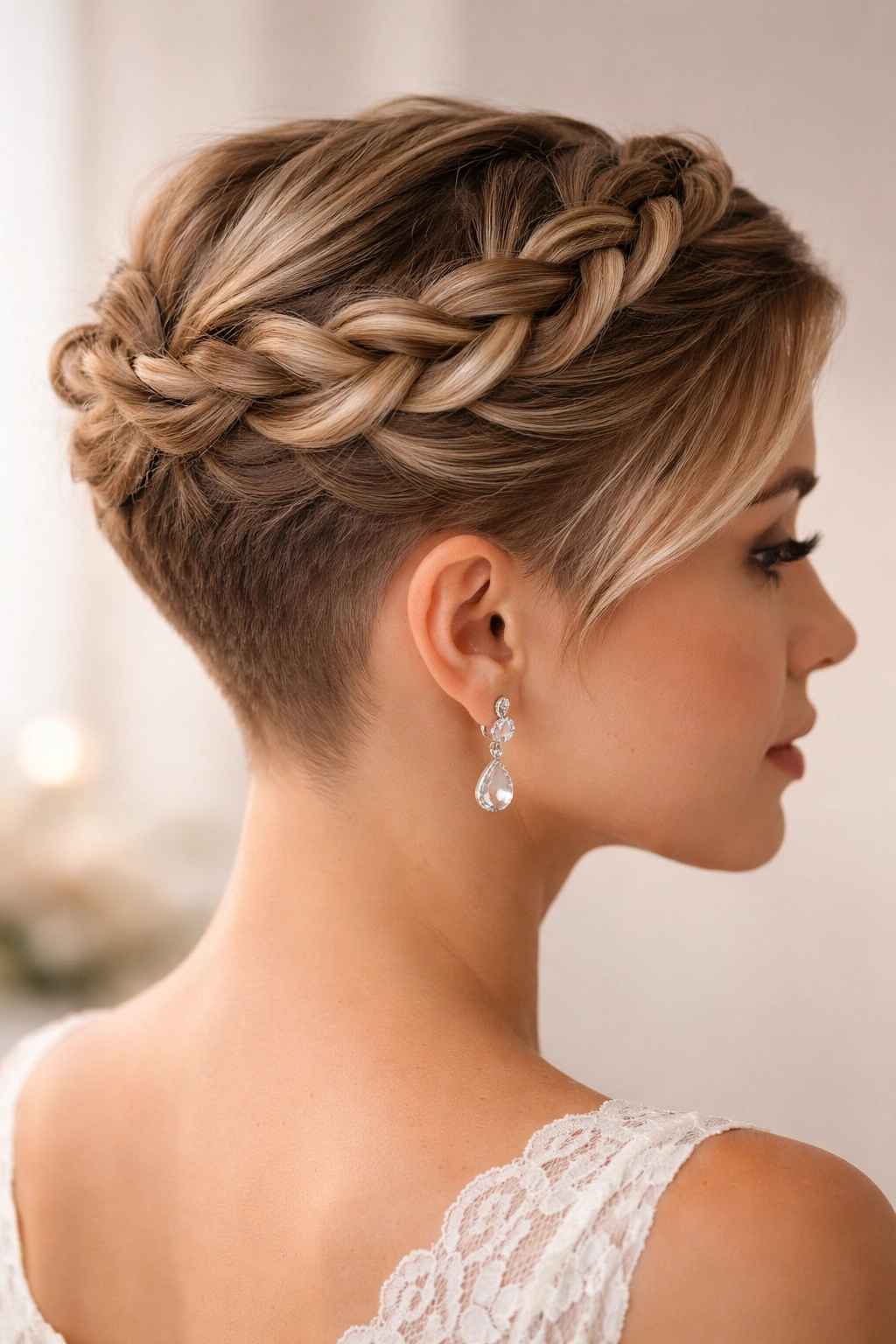 Twisted crown braid on tapered sides in bridal hairstyle