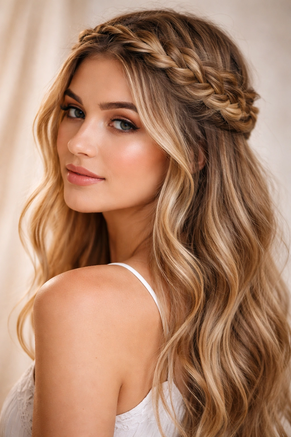 Textured crown braid around the head with loose waves.