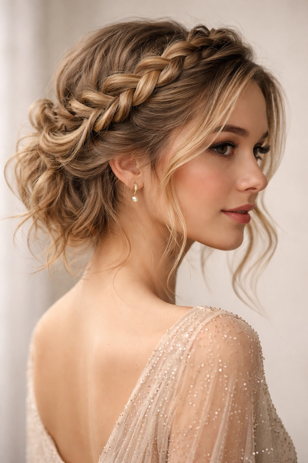 Head featuring crown braid around the head with loose ends