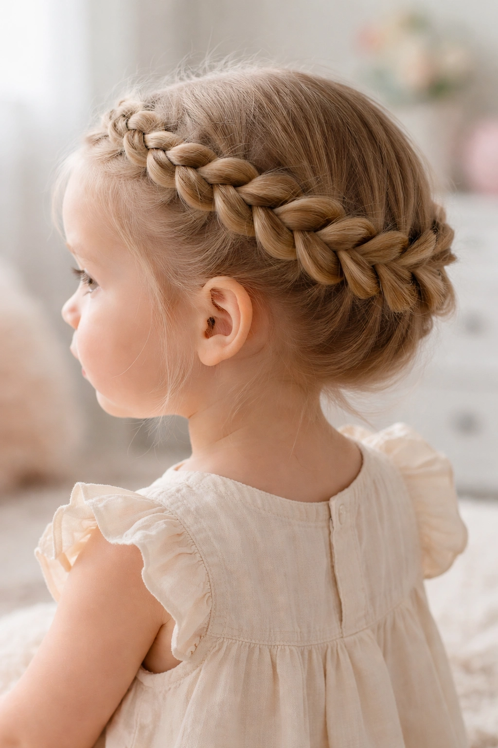 Close-up of a toddler's head with a crown braid around the head.