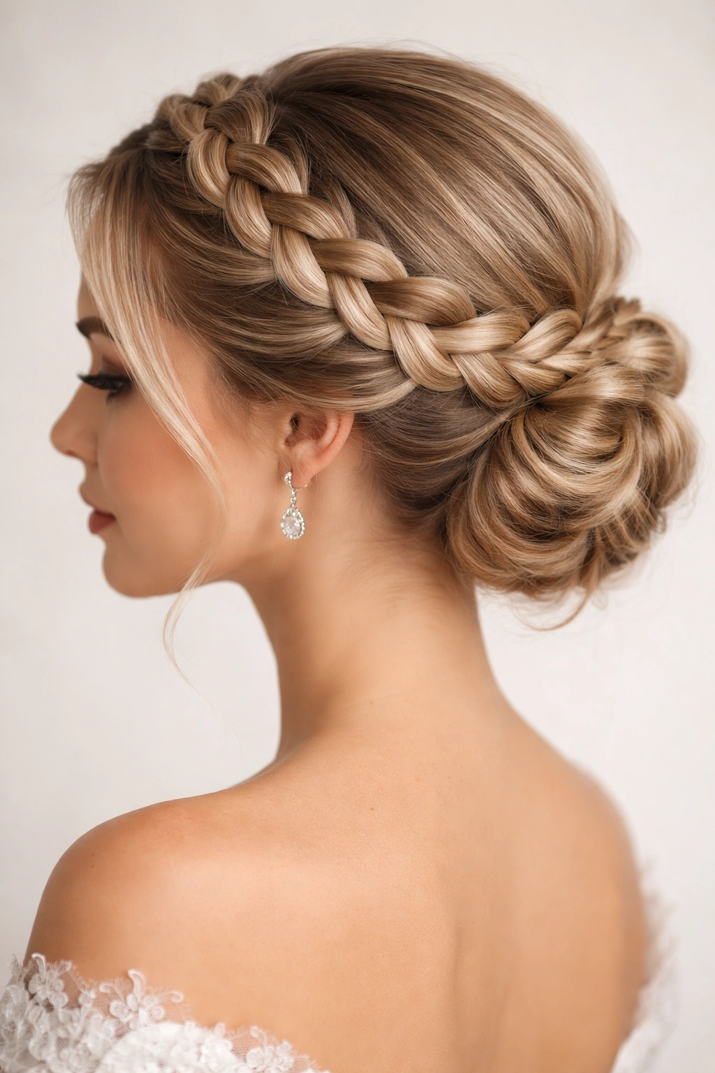 Close-up view of a crown braid updo with halo braid and bun, photographed in soft studio lighting.