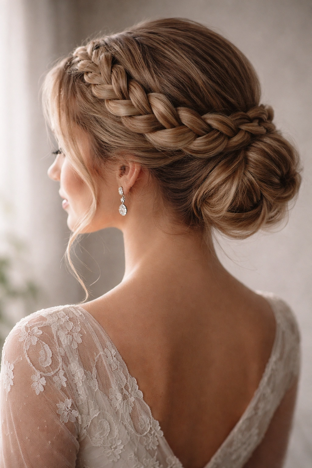 Close-up of a Classic Crown Braid Updo with halo crown and low bun on a neutral studio backdrop