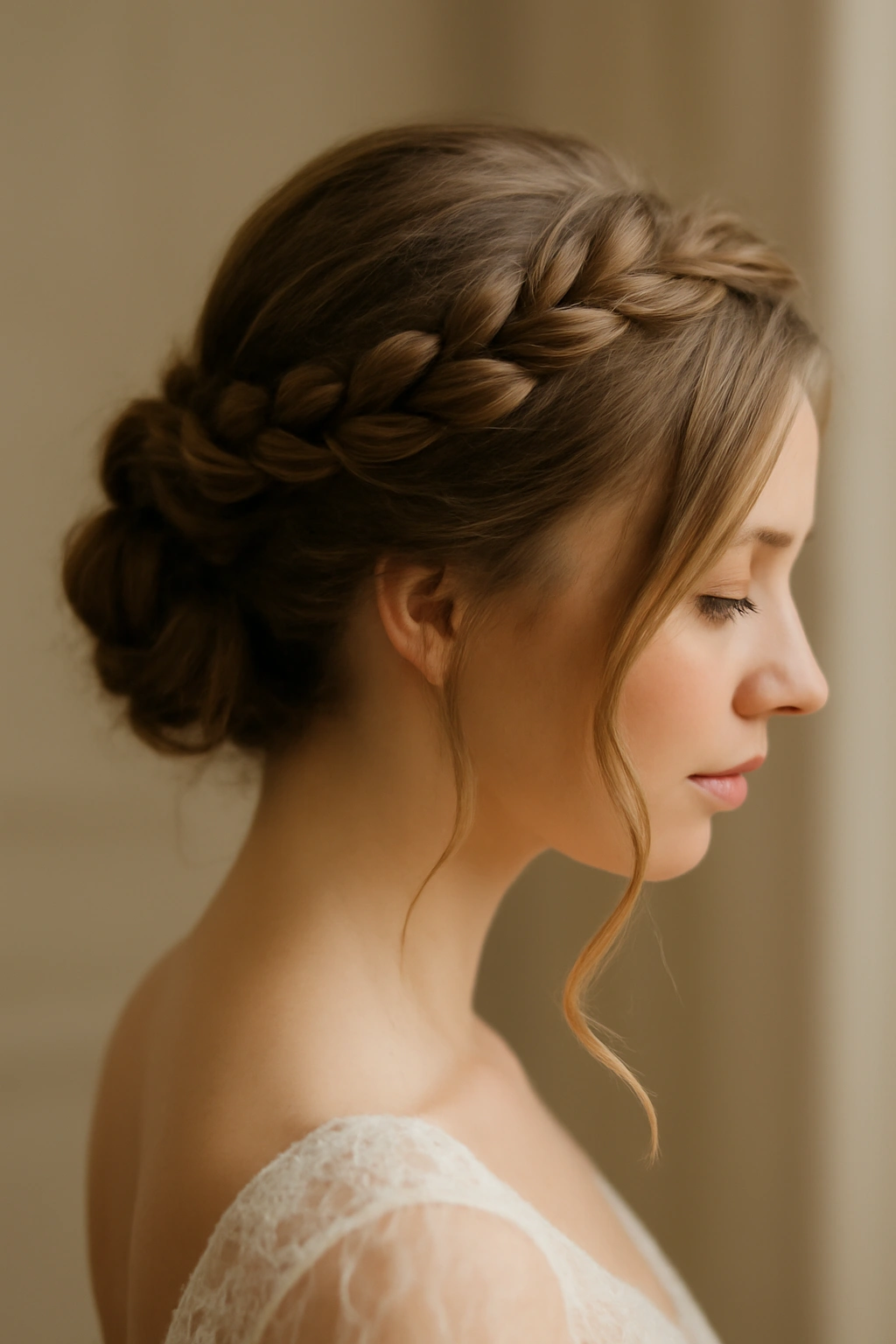 8 Soft and Romantic Updos Perfect for Your Wedding 3 Soft crown braid wrapping around head into a low updo with face-framing pieces