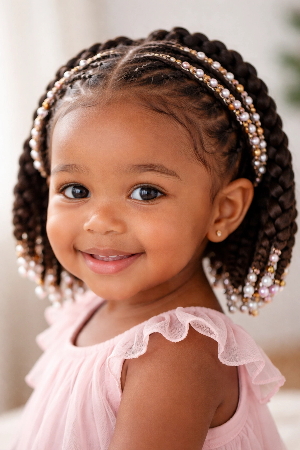 Crown braids with beaded borders framing the head
