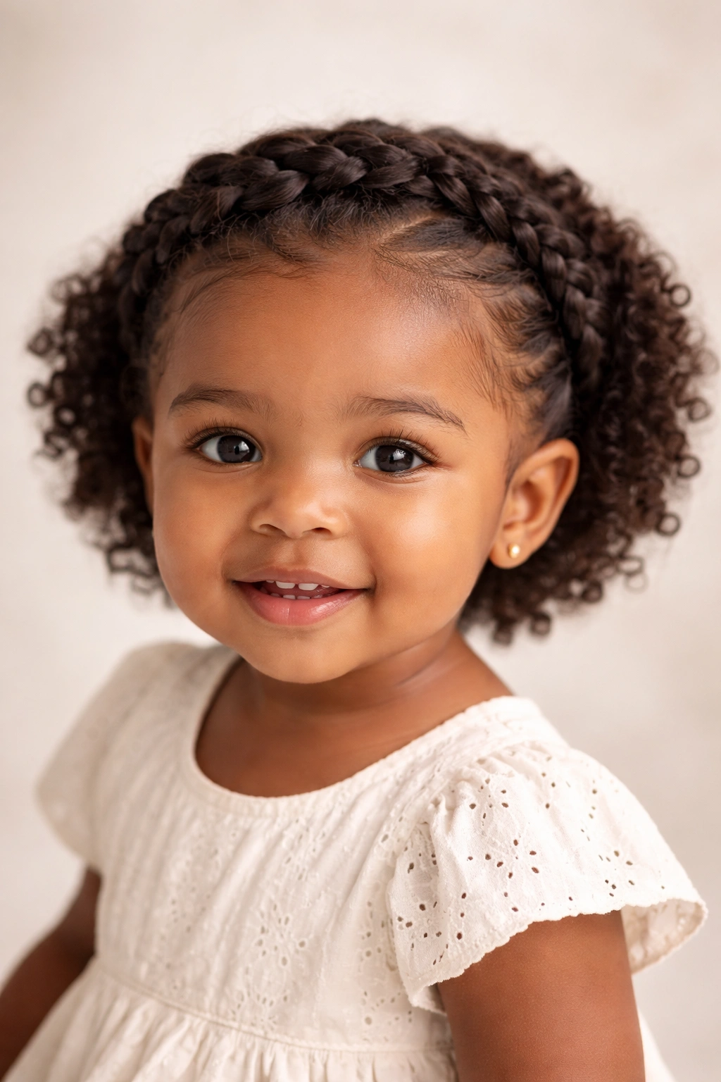 Close-up of a toddler with a crown braid forming a halo around the head