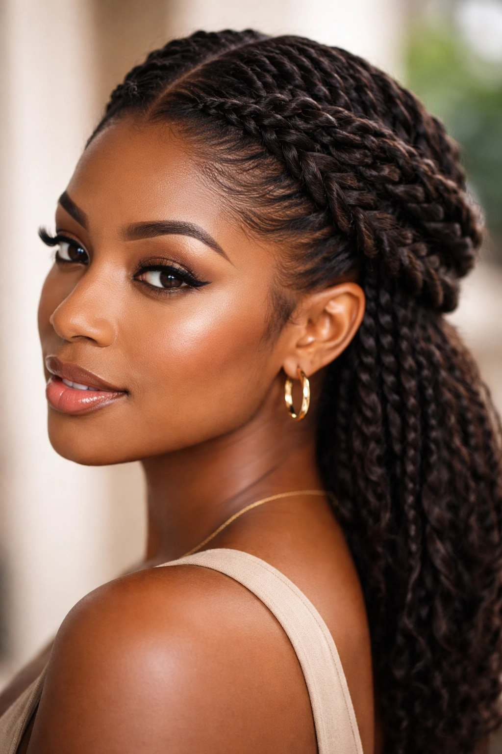 Close-up of crown braids and twists around the crown