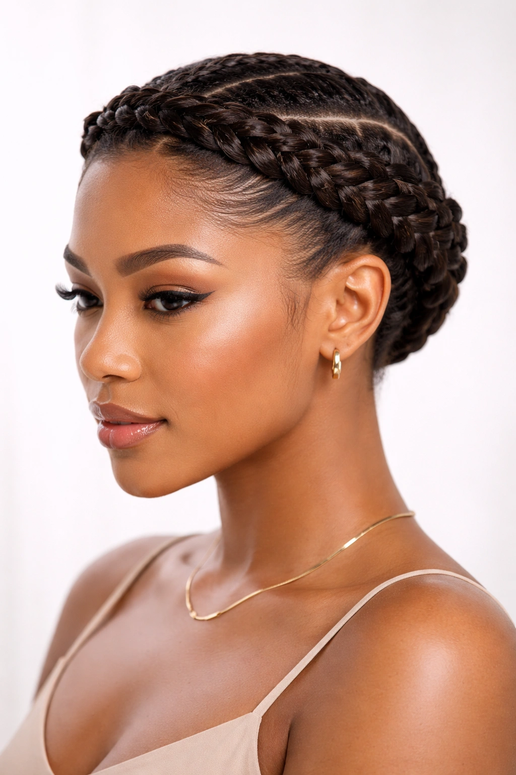 Crown-wrapped braids around the head
