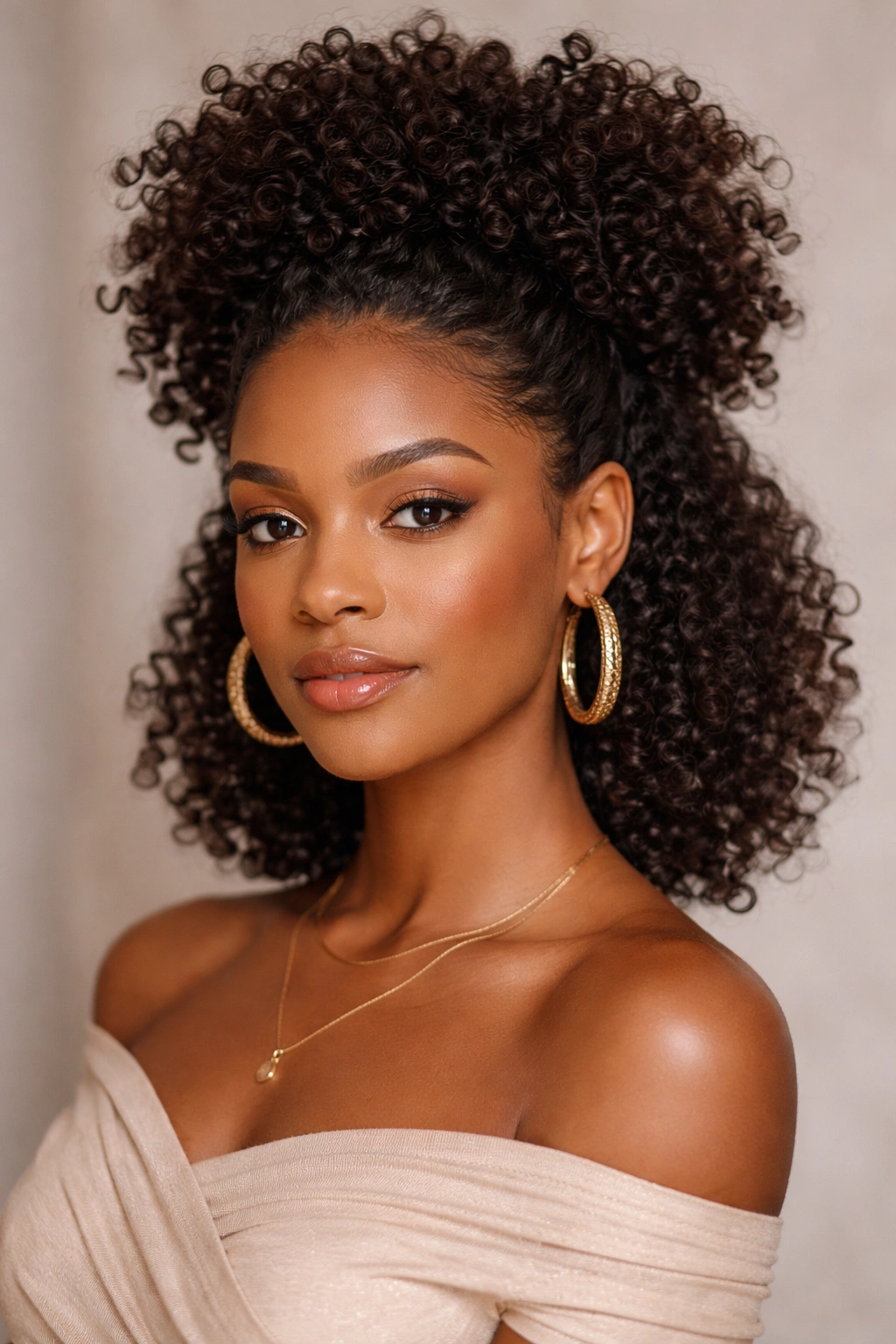 Close-up portrait of a person with a crown of curls and sides pulled back, highlighting coily hair texture