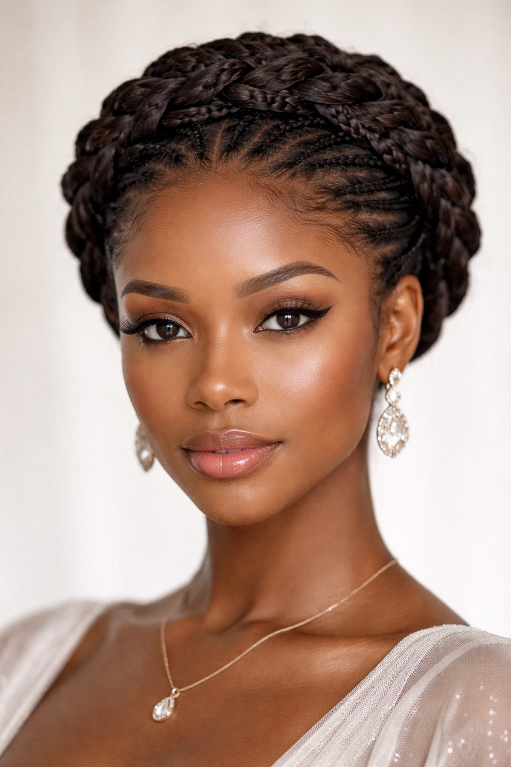 Knotless braids arranged into a crown halo updo