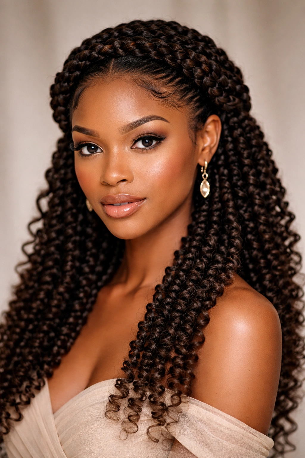 Close-up portrait of passion twist crown halo with twists wrapped around head