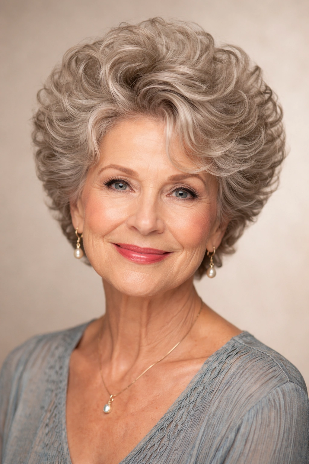 Close-up of an older woman with crown lift curls and lifted crown