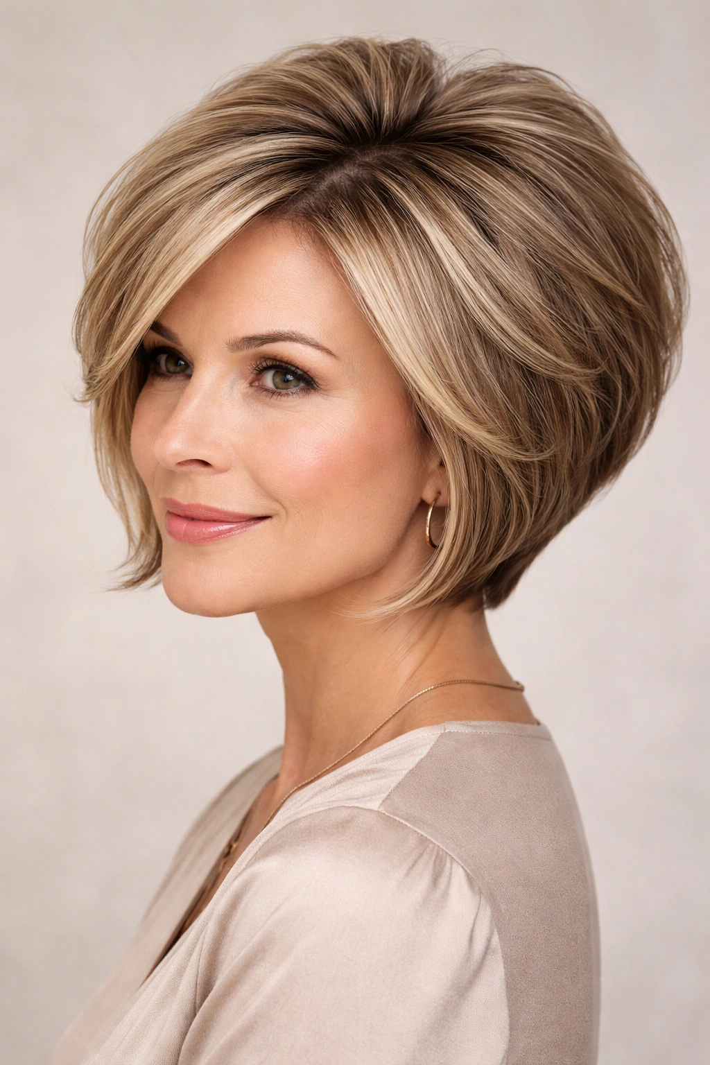 Portrait of a bob with crown volume showing lifted top and fullness.