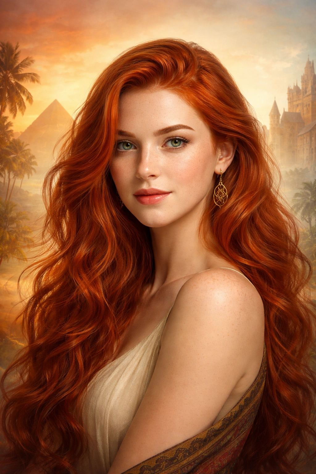 Red-haired portrait with historical-inspired gradient background illustrating cultural attitudes
