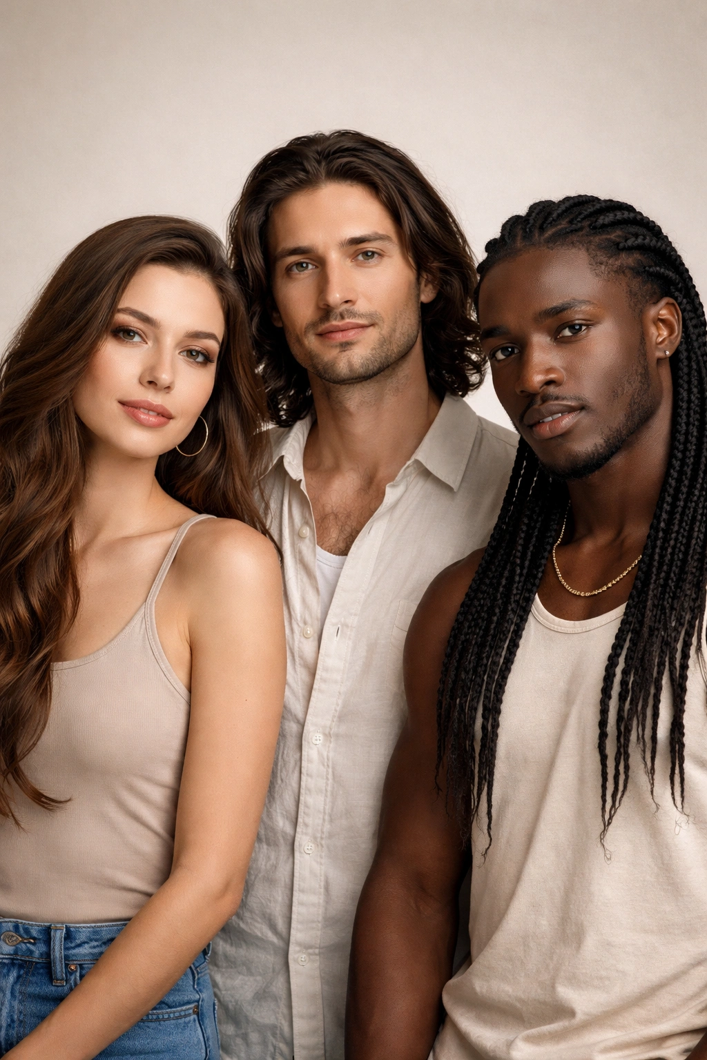 Diverse trio with varying hair lengths against a plain backdrop
