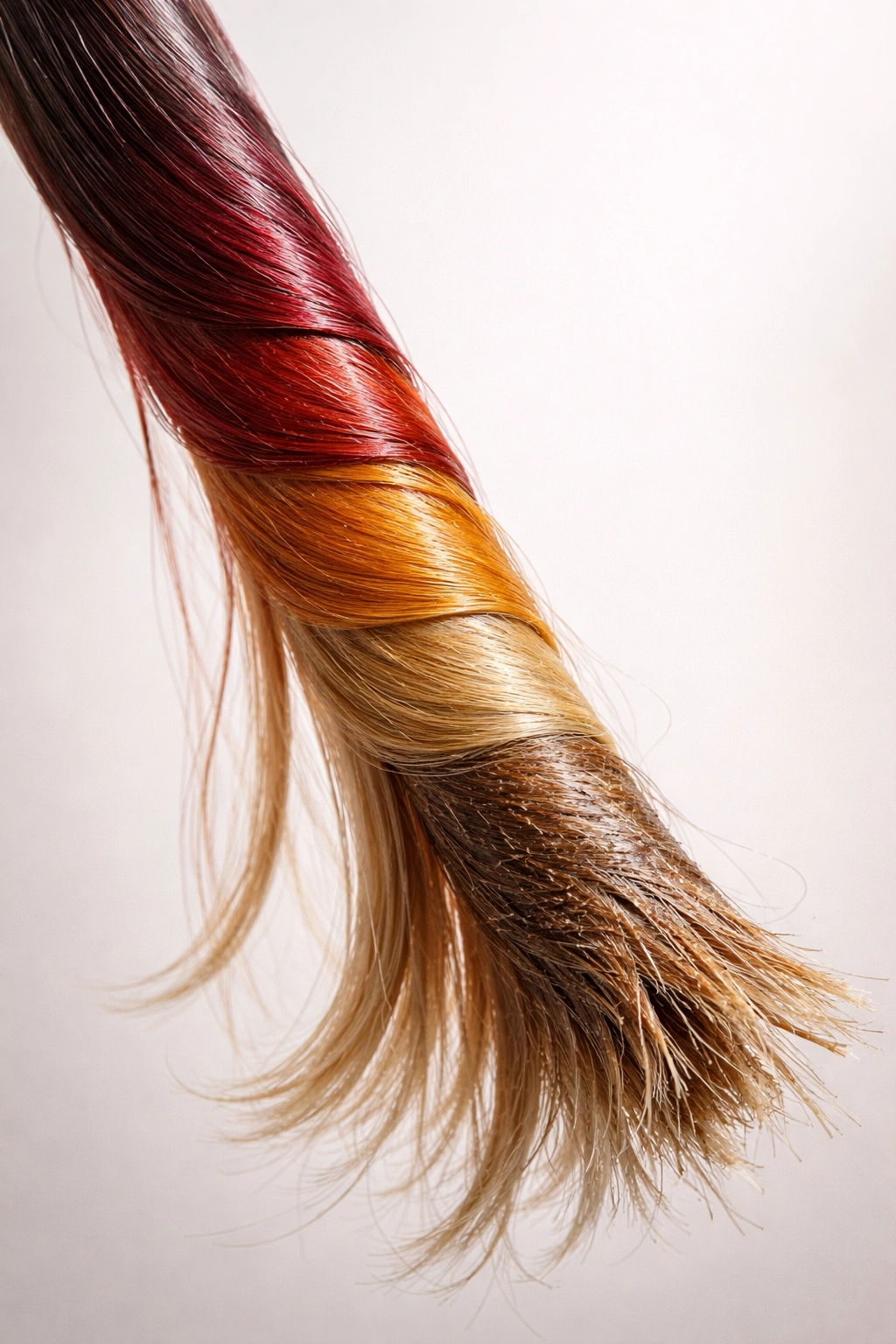 Hair strand showing color segments from repeated dyeing