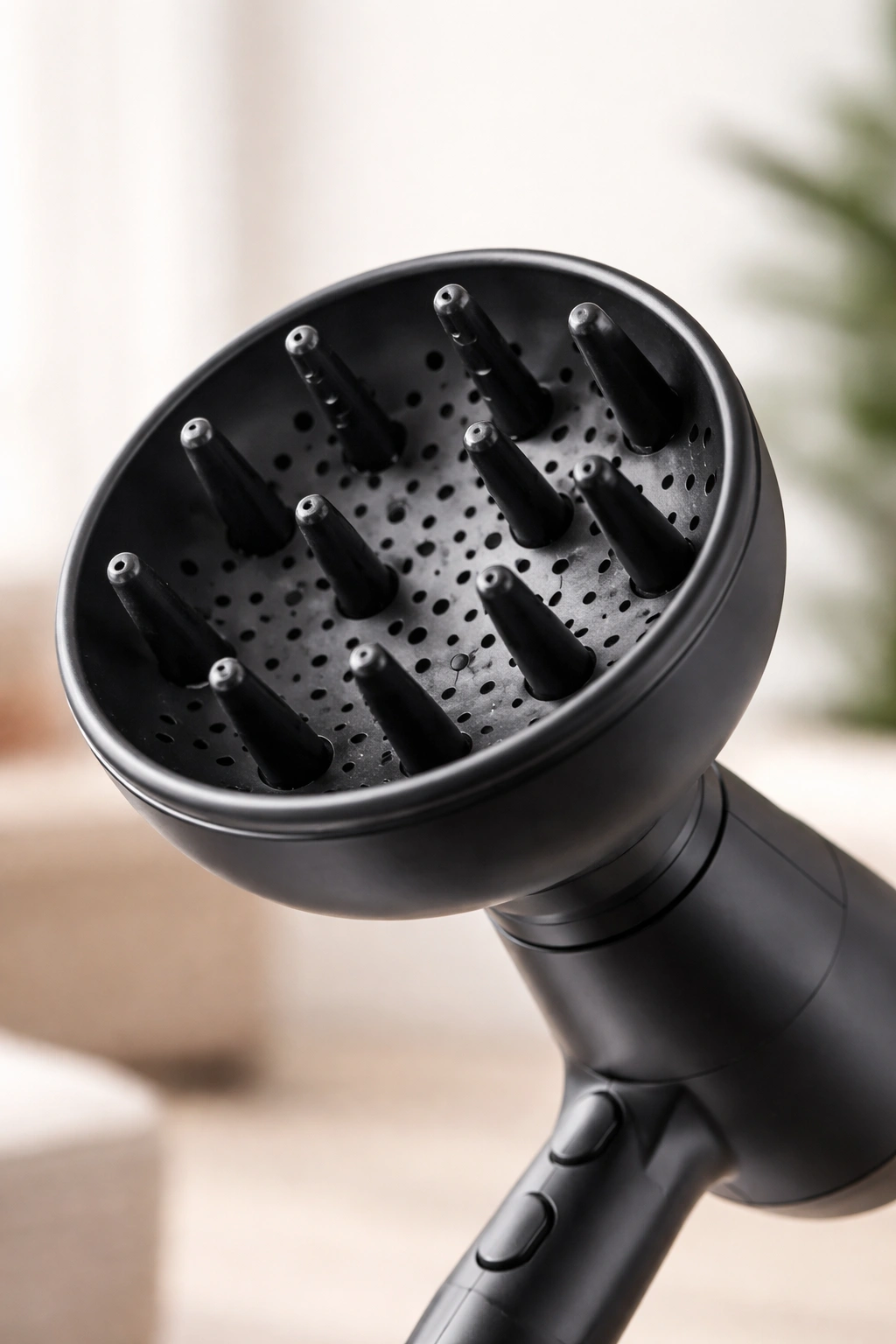 Cup or bowl diffuser attached to a dryer nozzle in a studio